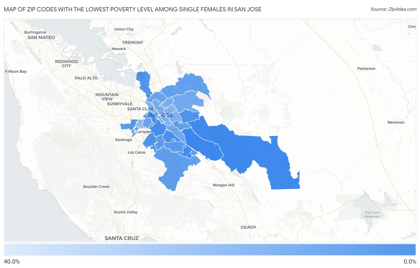 Zip Codes with the Lowest Poverty Level Among Single Females in San Jose Map