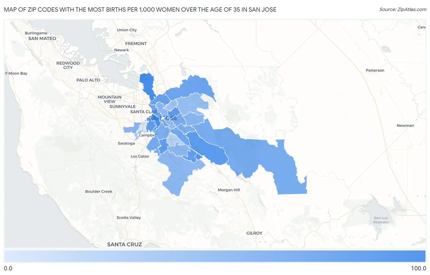 Zip Codes with the Most Births per 1,000 Women Over the Age of 35 in San Jose Map