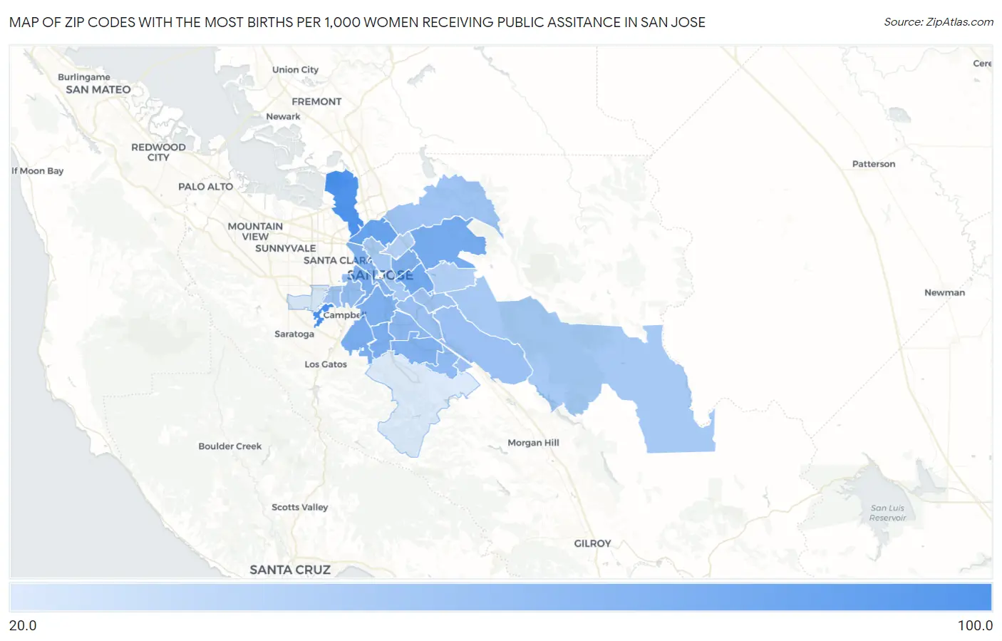 Zip Codes with the Most Births per 1,000 Women Receiving Public Assitance in San Jose Map