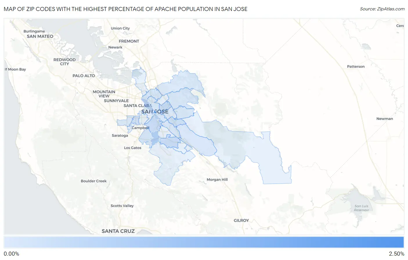 Zip Codes with the Highest Percentage of Apache Population in San Jose Map