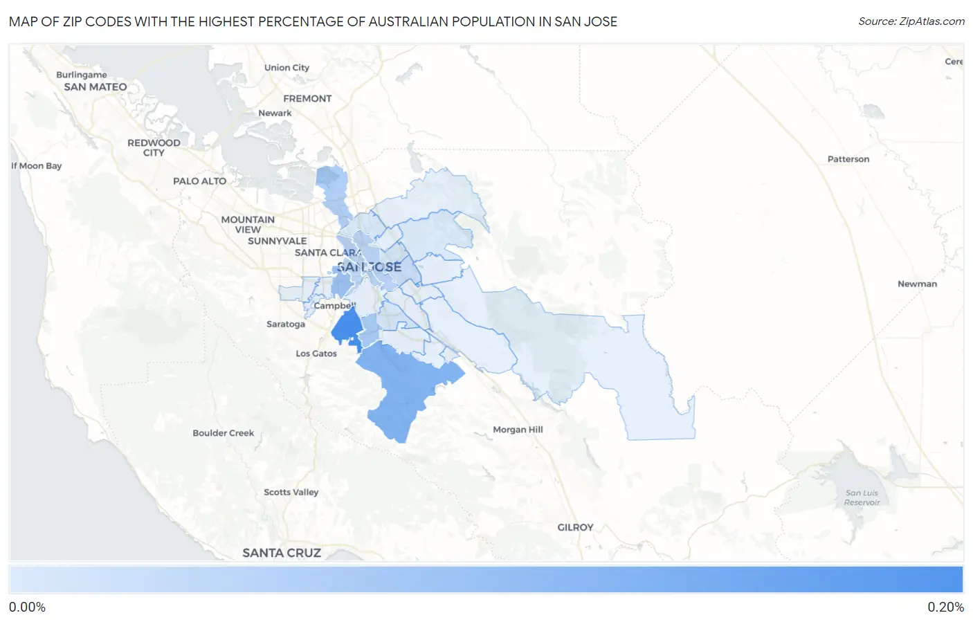 Zip Codes with the Highest Percentage of Australian Population in San Jose Map