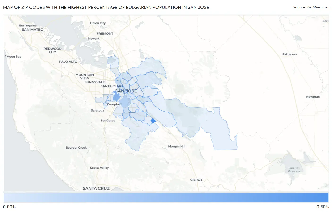 Zip Codes with the Highest Percentage of Bulgarian Population in San Jose Map