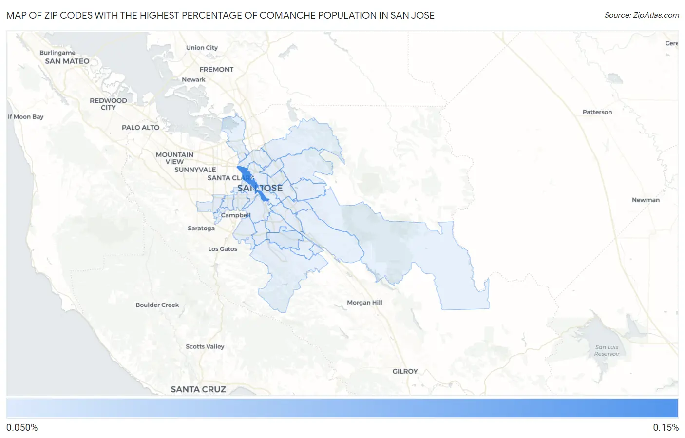Zip Codes with the Highest Percentage of Comanche Population in San Jose Map