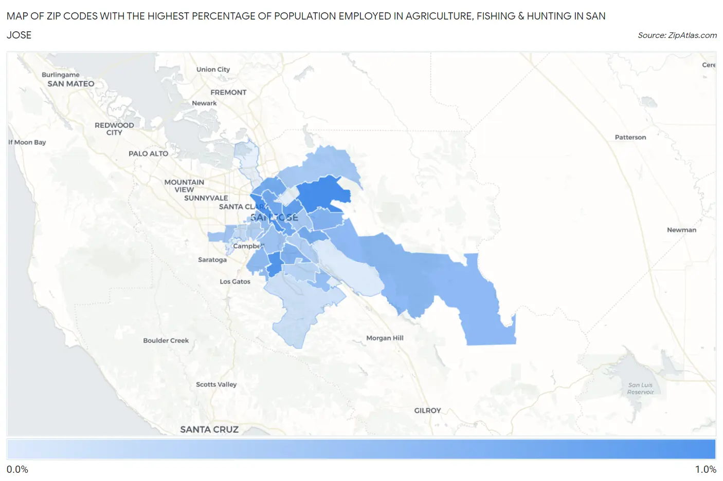 Zip Codes with the Highest Percentage of Population Employed in Agriculture, Fishing & Hunting in San Jose Map