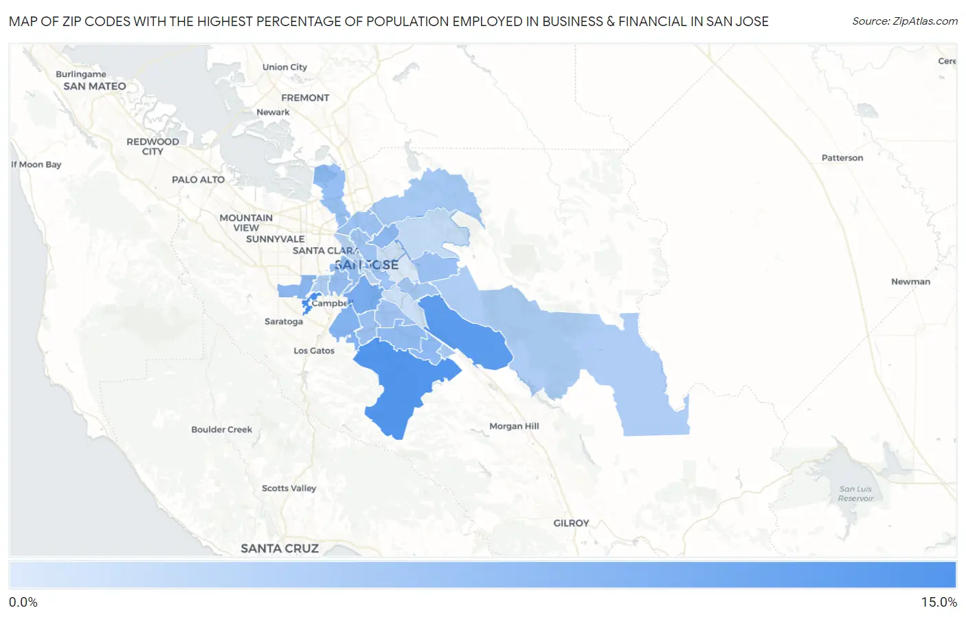 Zip Codes with the Highest Percentage of Population Employed in Business & Financial in San Jose Map