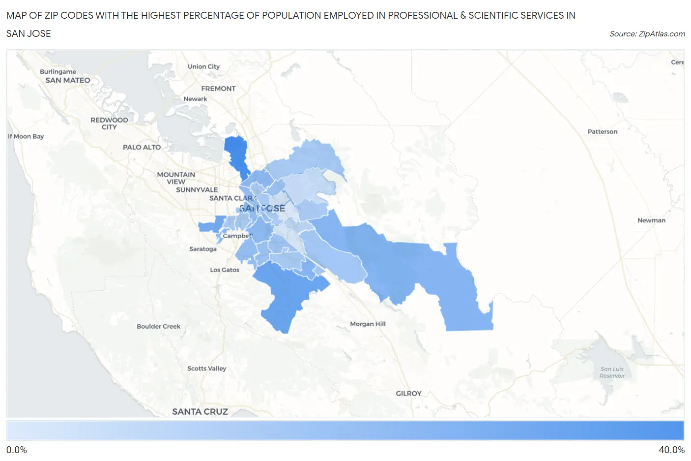 Zip Codes with the Highest Percentage of Population Employed in Professional & Scientific Services in San Jose Map