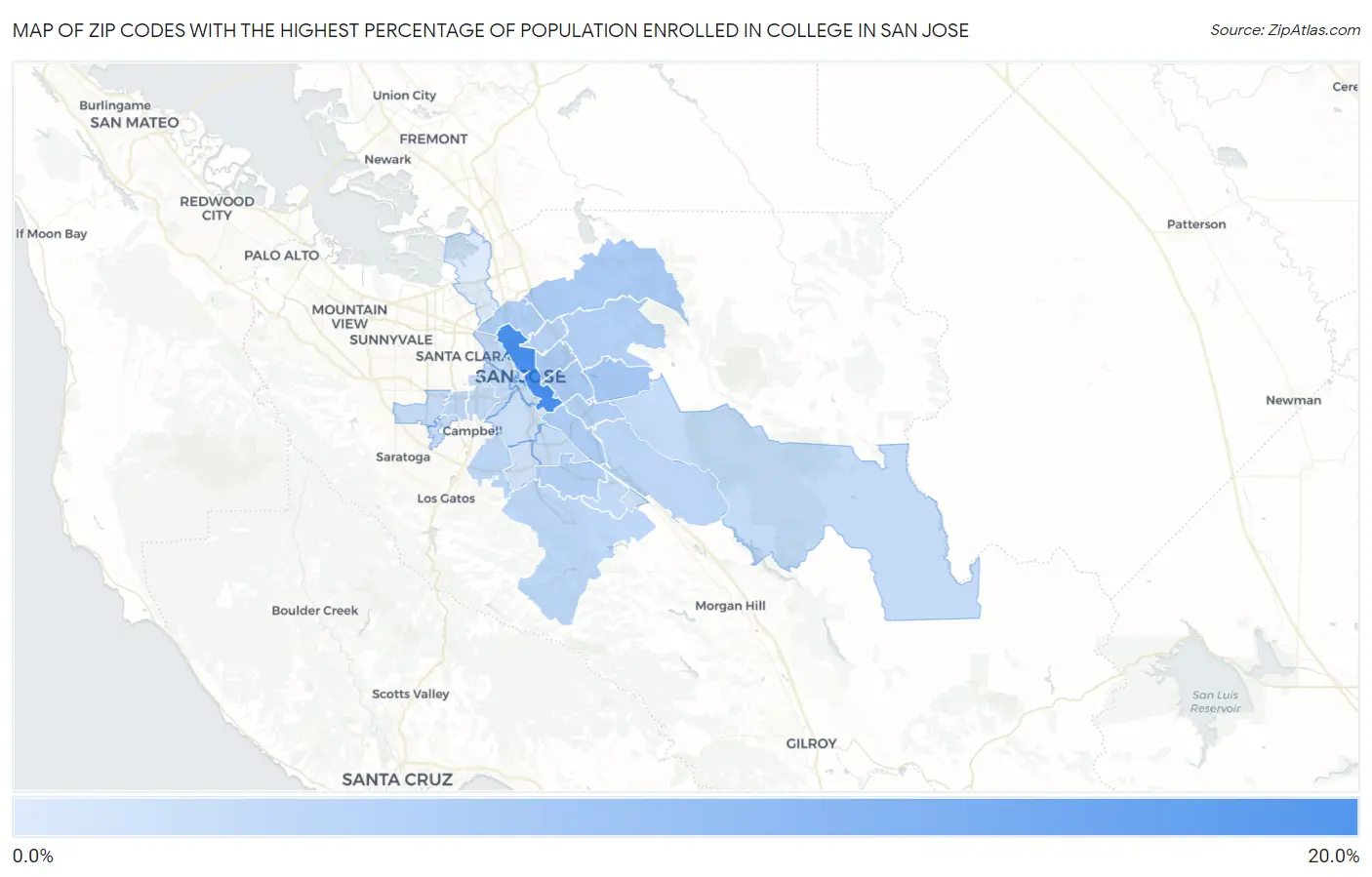 Zip Codes with the Highest Percentage of Population Enrolled in College in San Jose Map