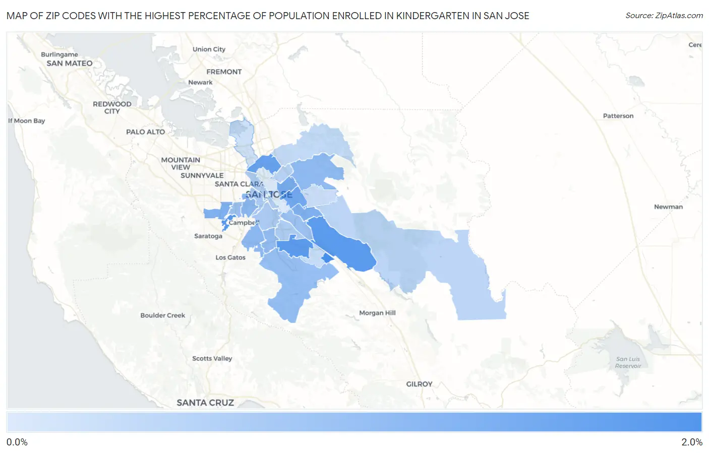 Zip Codes with the Highest Percentage of Population Enrolled in Kindergarten in San Jose Map