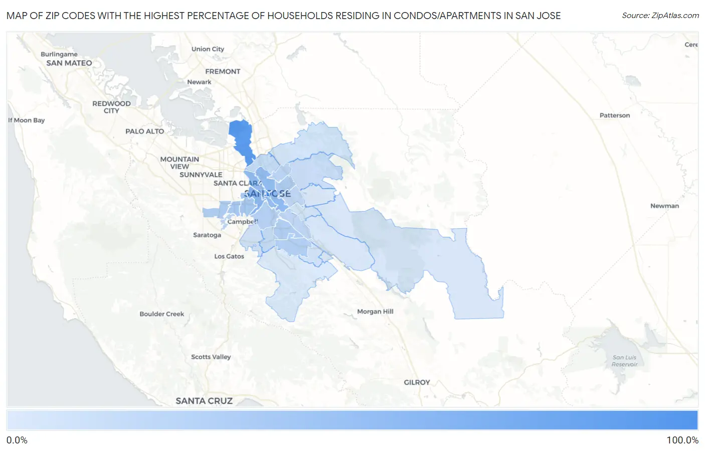 Zip Codes with the Highest Percentage of Households Residing in Condos/Apartments in San Jose Map