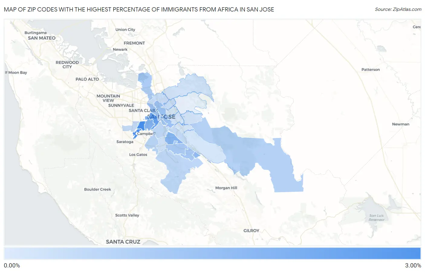 Zip Codes with the Highest Percentage of Immigrants from Africa in San Jose Map