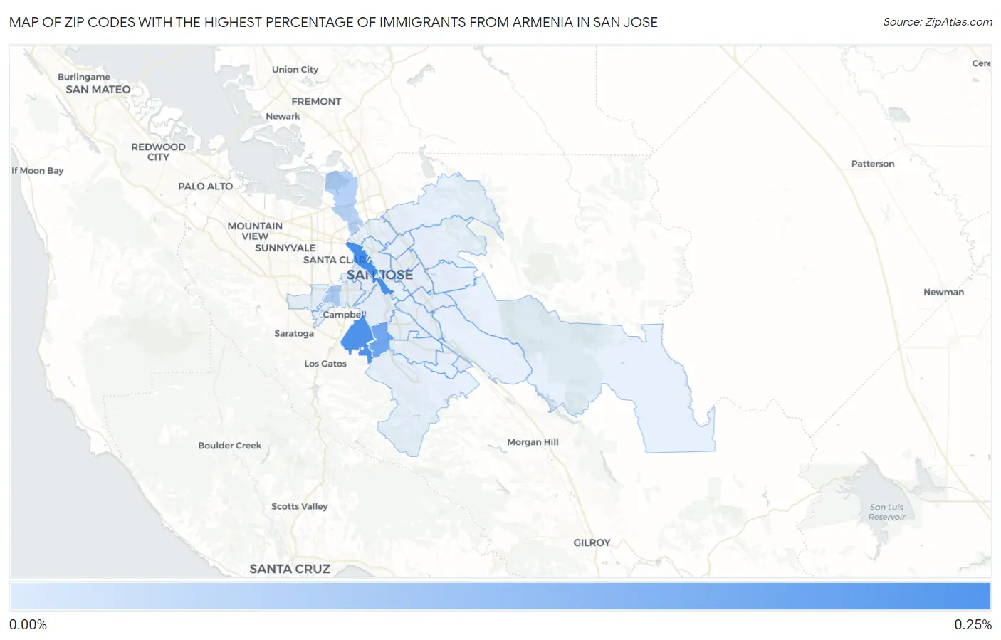 Zip Codes with the Highest Percentage of Immigrants from Armenia in San Jose Map