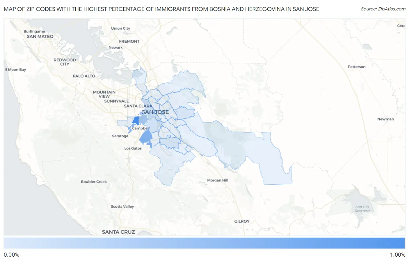 Zip Codes with the Highest Percentage of Immigrants from Bosnia and Herzegovina in San Jose Map