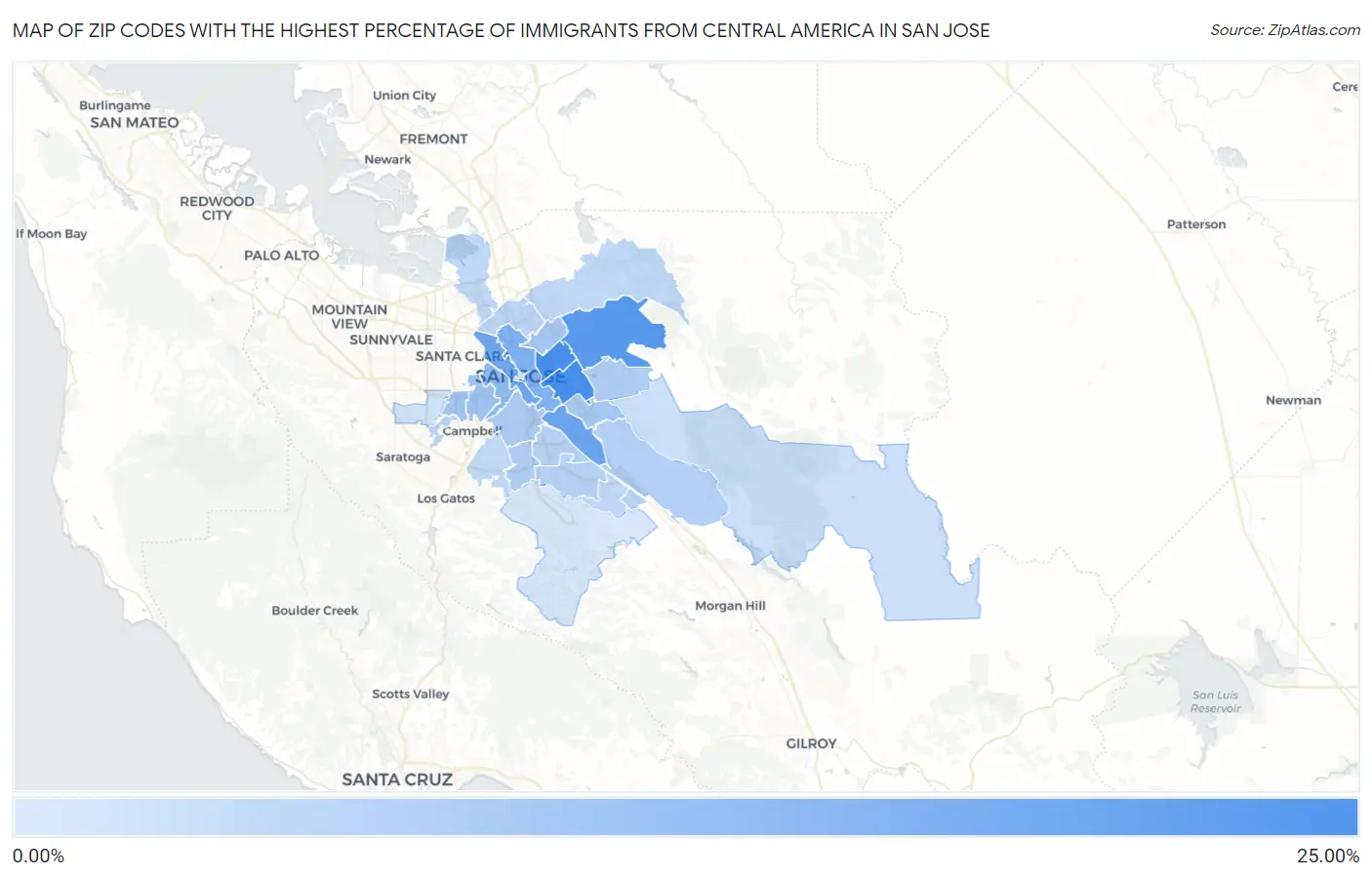 Zip Codes with the Highest Percentage of Immigrants from Central America in San Jose Map