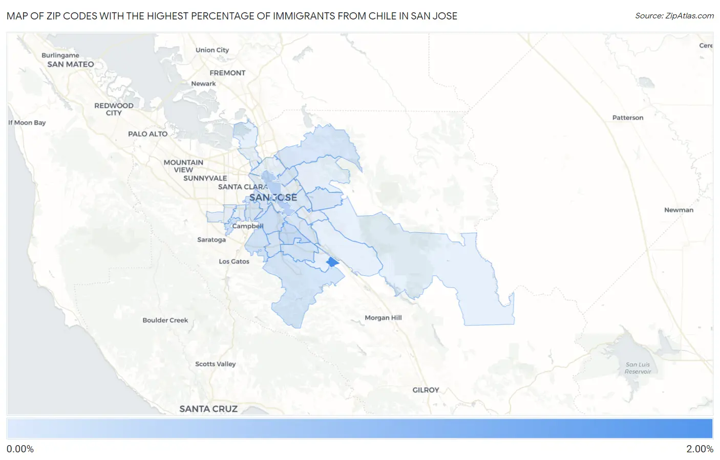 Zip Codes with the Highest Percentage of Immigrants from Chile in San Jose Map