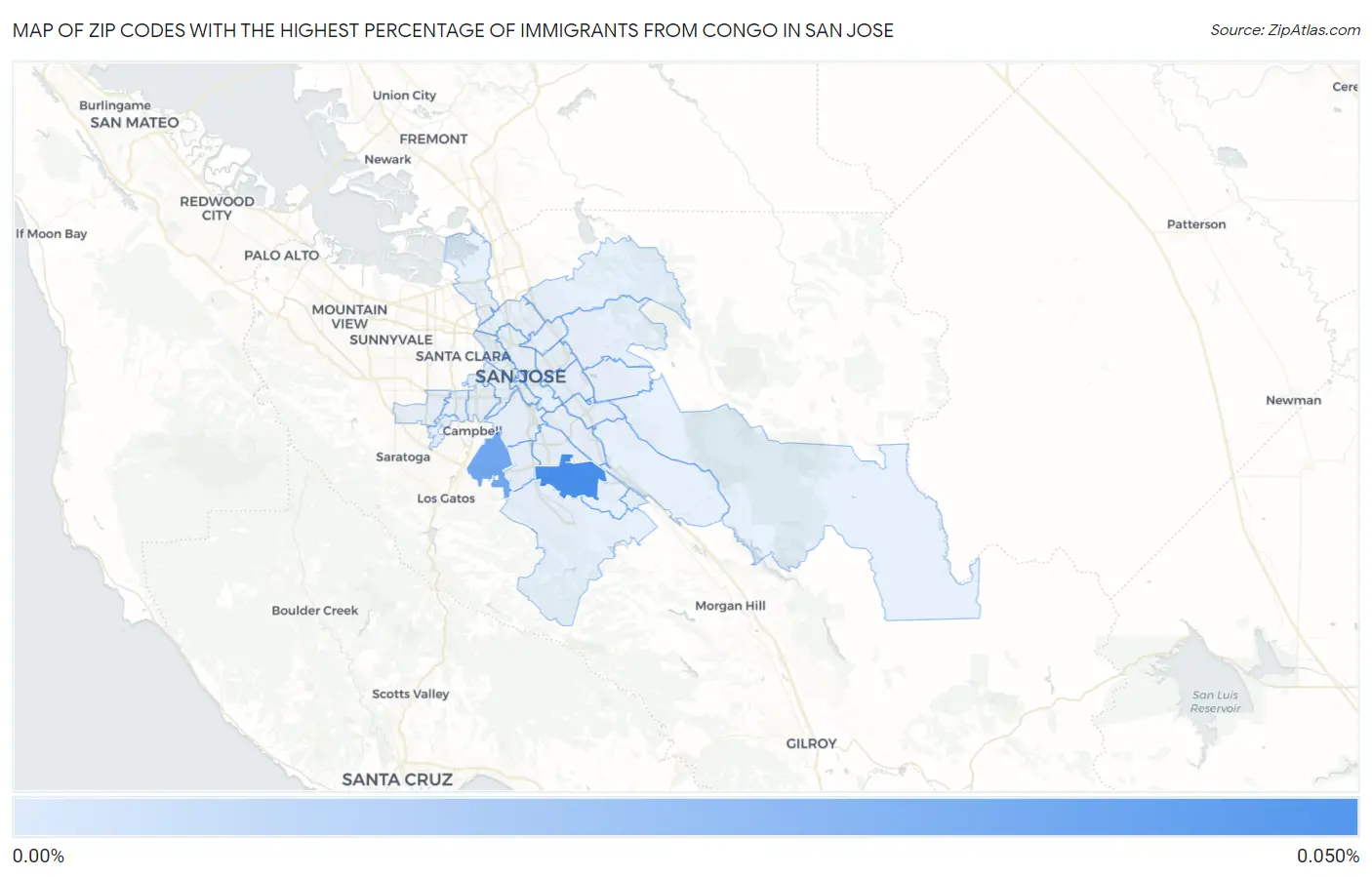 Zip Codes with the Highest Percentage of Immigrants from Congo in San Jose Map