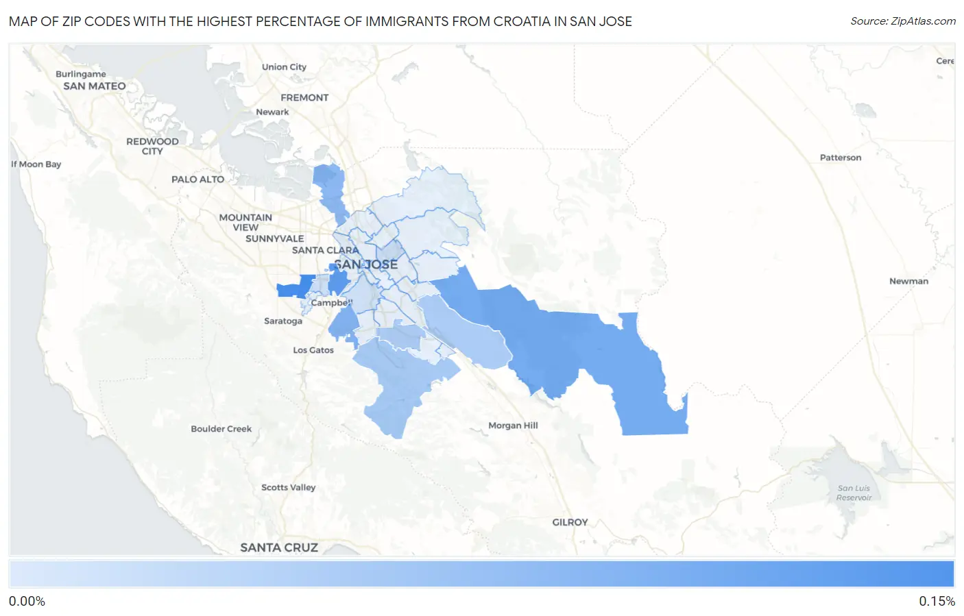 Zip Codes with the Highest Percentage of Immigrants from Croatia in San Jose Map