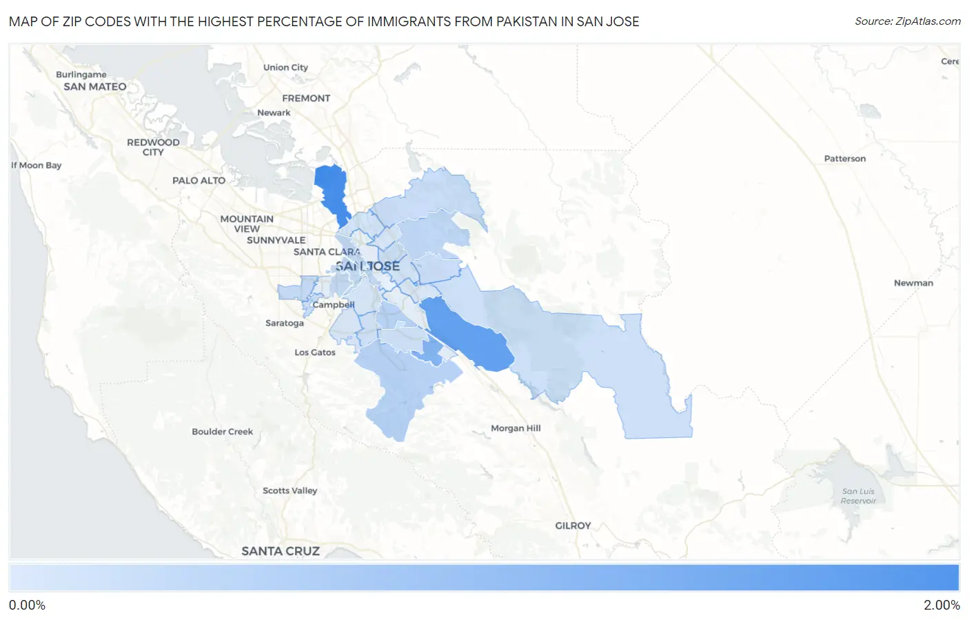 Zip Codes with the Highest Percentage of Immigrants from Pakistan in San Jose Map