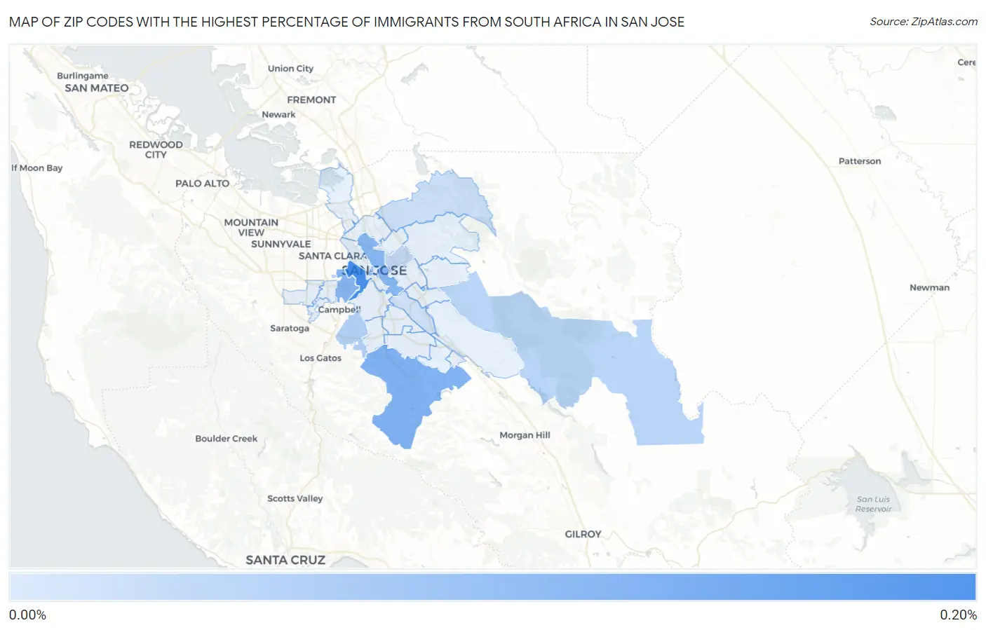 Zip Codes with the Highest Percentage of Immigrants from South Africa in San Jose Map