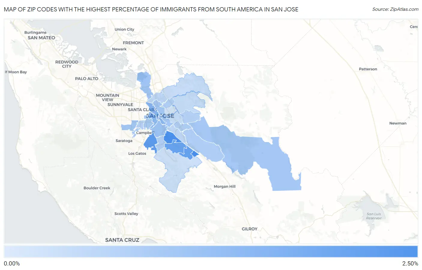 Zip Codes with the Highest Percentage of Immigrants from South America in San Jose Map