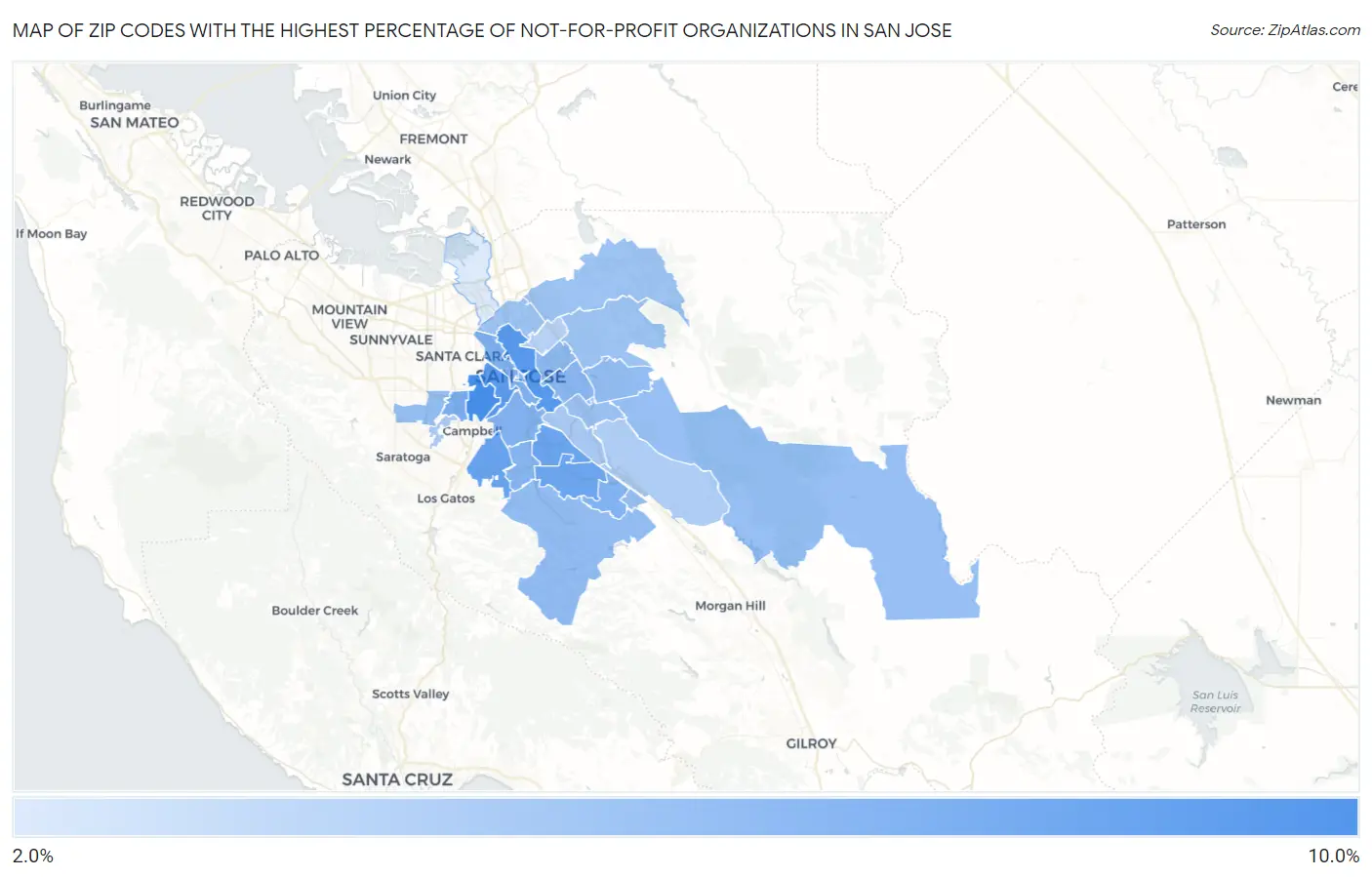 Zip Codes with the Highest Percentage of Not-for-profit Organizations in San Jose Map