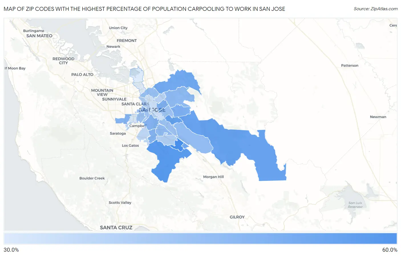 Zip Codes with the Highest Percentage of Population Carpooling to Work in San Jose Map