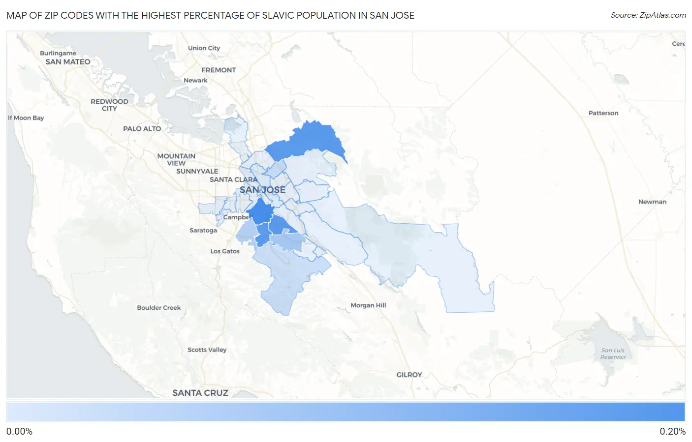Zip Codes with the Highest Percentage of Slavic Population in San Jose Map