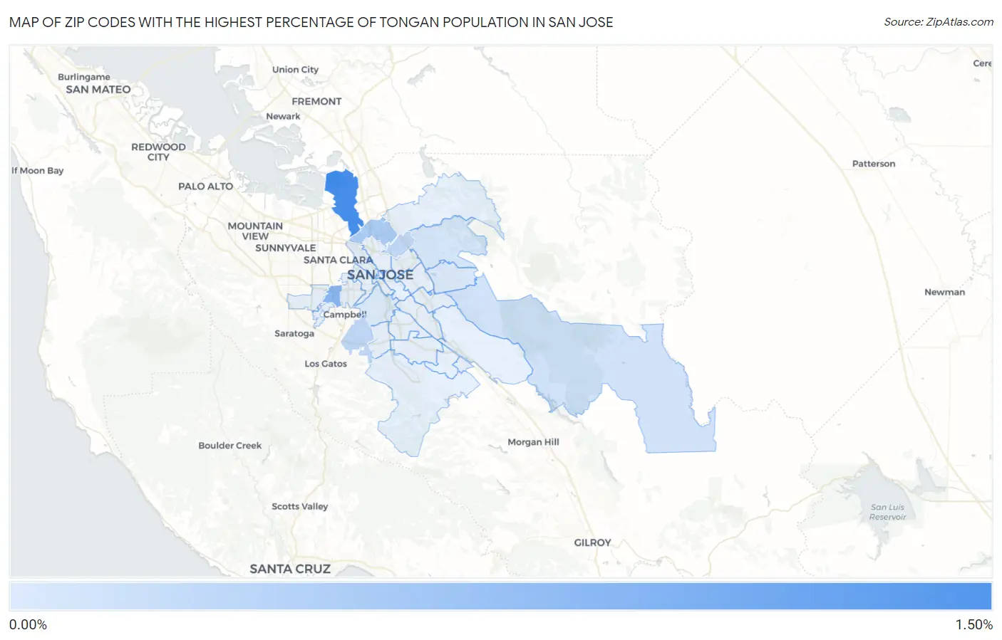 Zip Codes with the Highest Percentage of Tongan Population in San Jose Map
