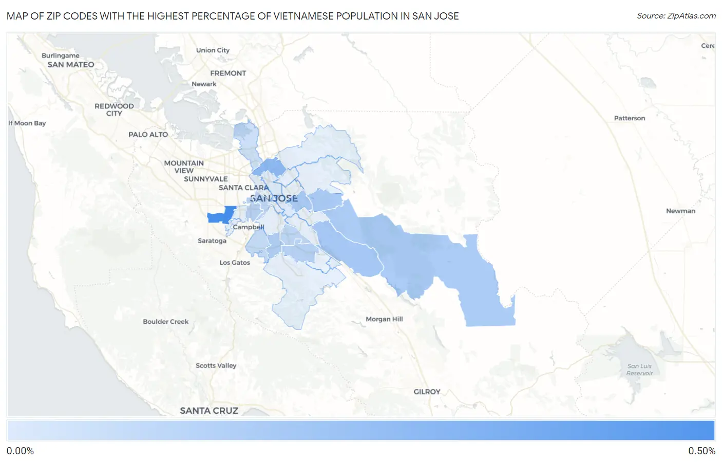 Zip Codes with the Highest Percentage of Vietnamese Population in San Jose Map