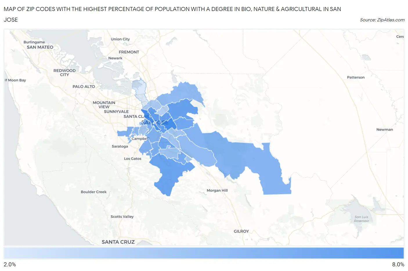 Zip Codes with the Highest Percentage of Population with a Degree in Bio, Nature & Agricultural in San Jose Map