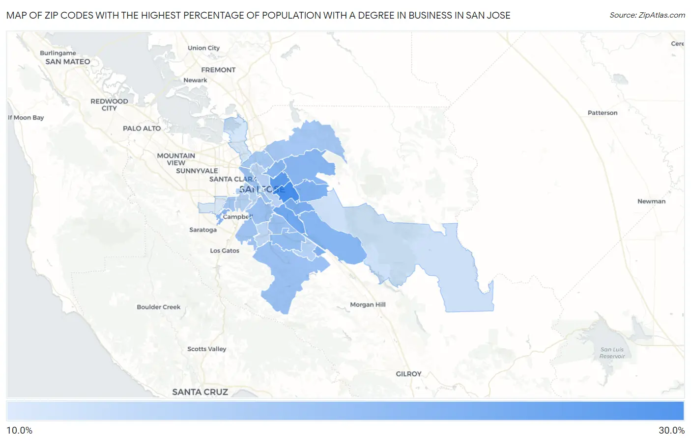 Zip Codes with the Highest Percentage of Population with a Degree in Business in San Jose Map