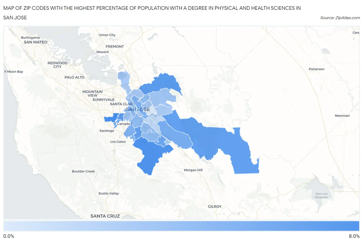 Zip Codes with the Highest Percentage of Population with a Degree in Physical and Health Sciences in San Jose Map