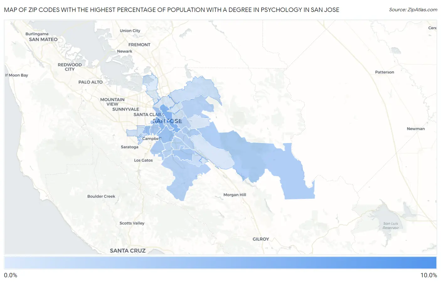 Zip Codes with the Highest Percentage of Population with a Degree in Psychology in San Jose Map