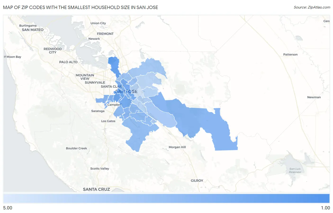 Zip Codes with the Smallest Household Size in San Jose Map