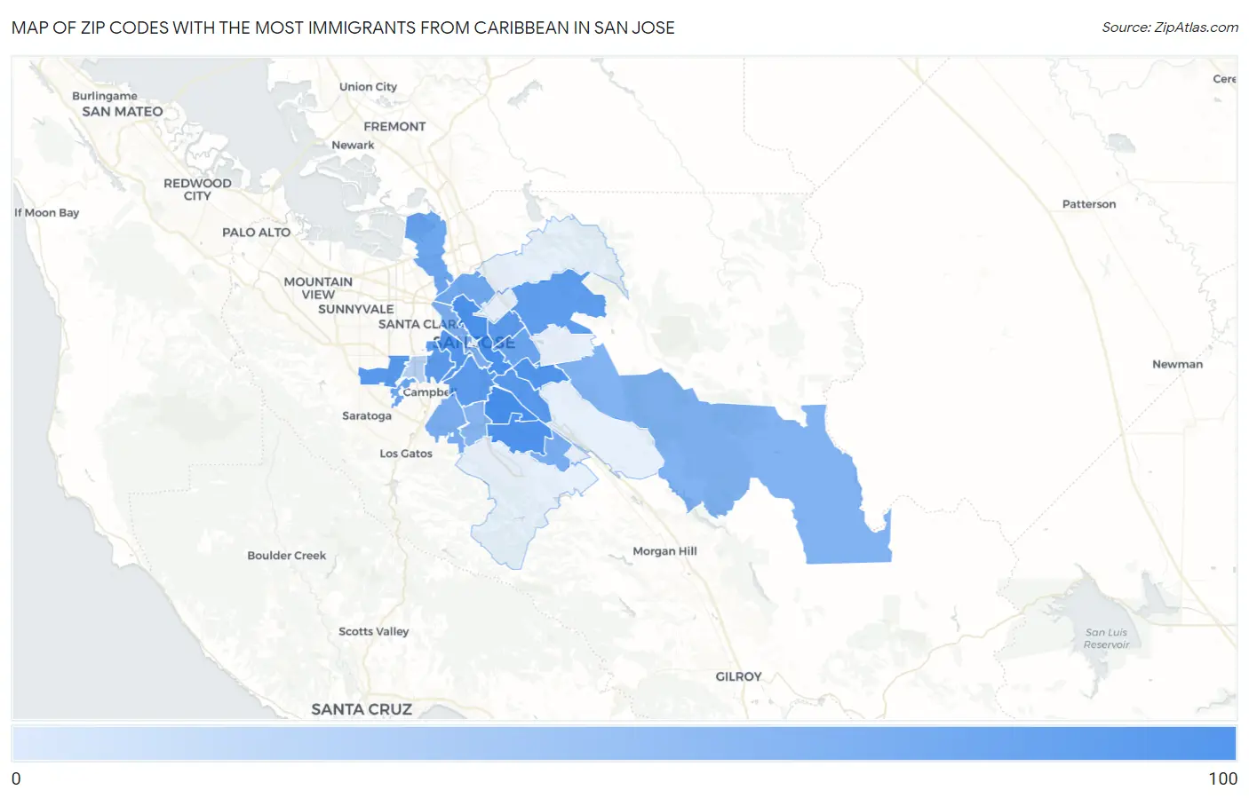 Zip Codes with the Most Immigrants from Caribbean in San Jose Map