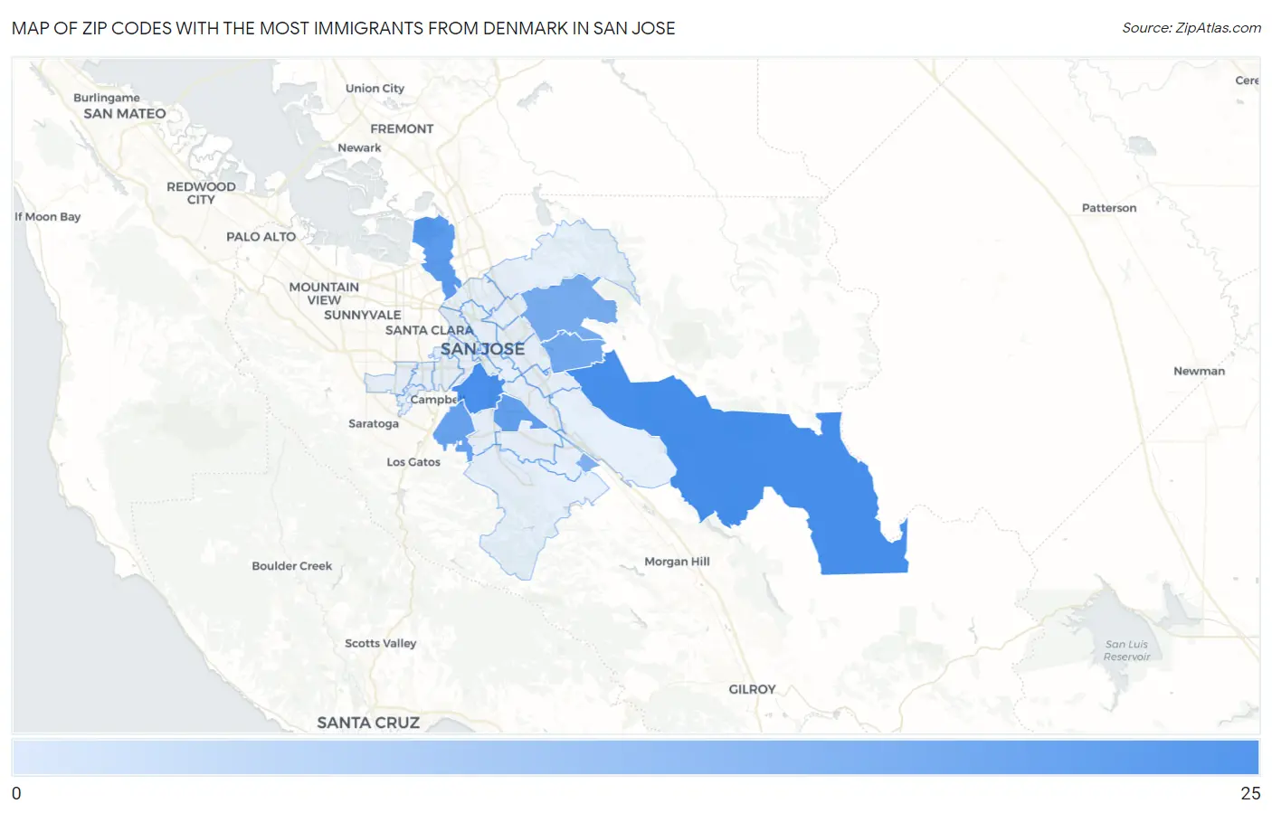 Zip Codes with the Most Immigrants from Denmark in San Jose Map
