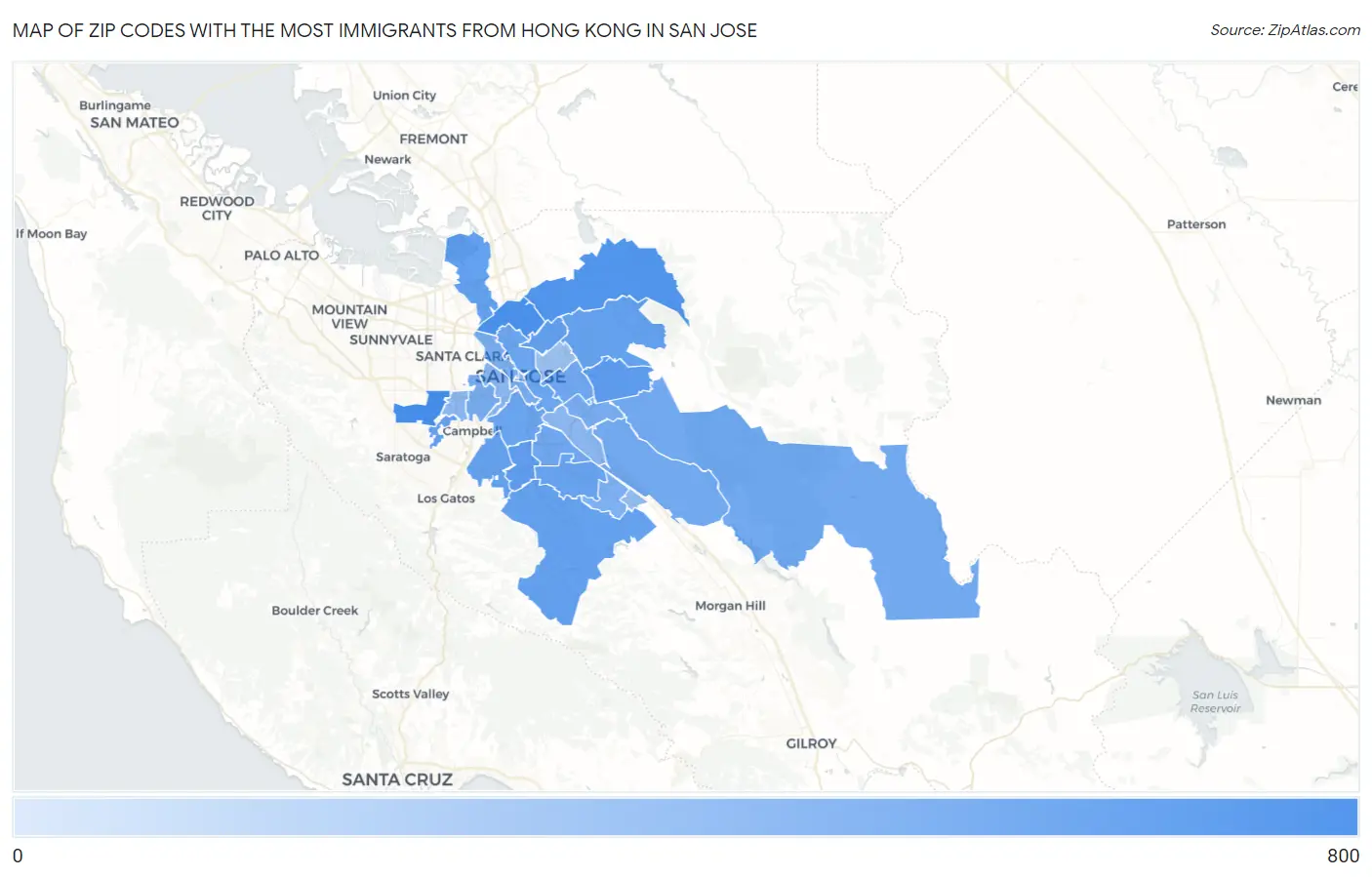 Zip Codes with the Most Immigrants from Hong Kong in San Jose Map