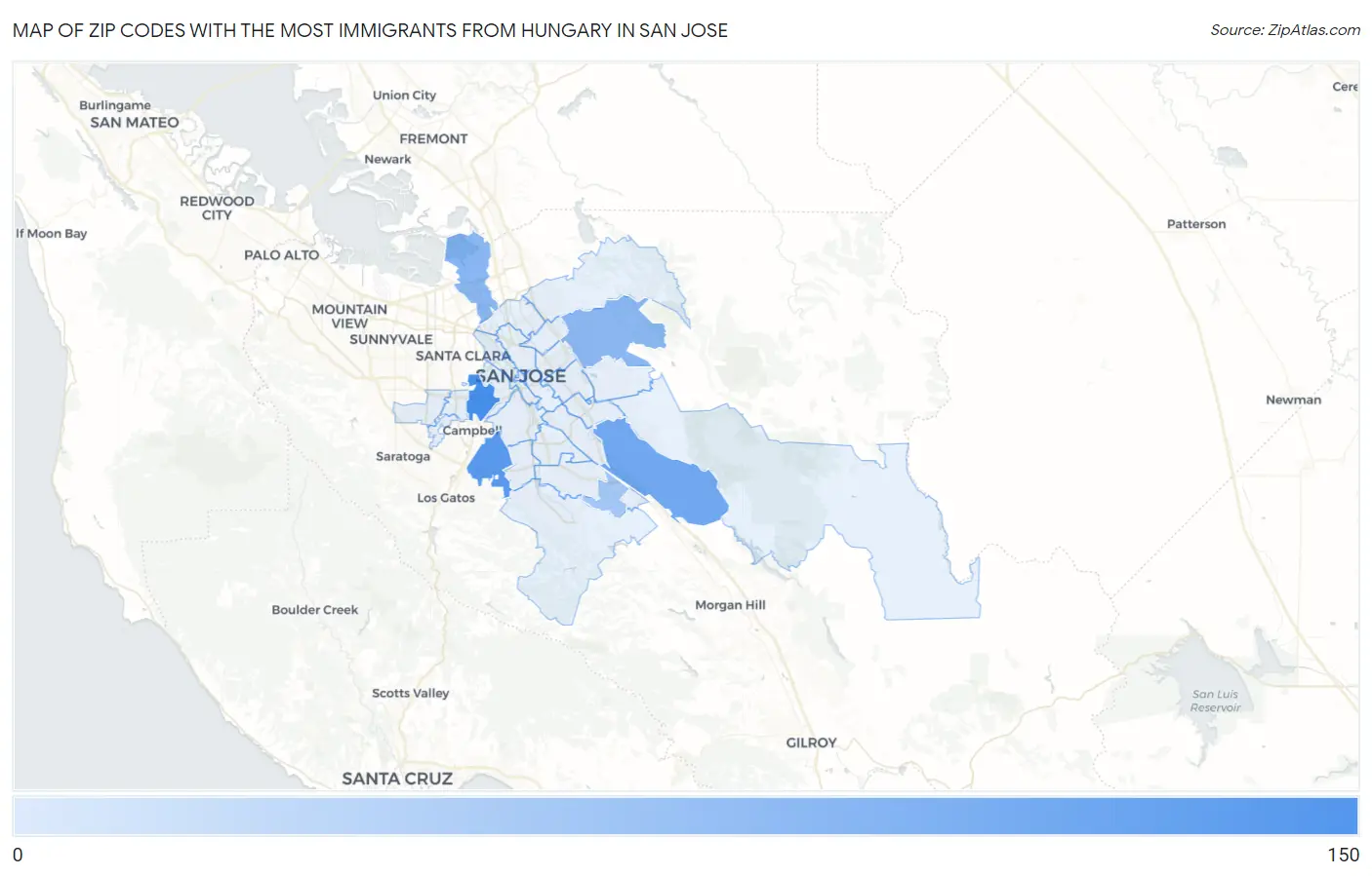 Zip Codes with the Most Immigrants from Hungary in San Jose Map