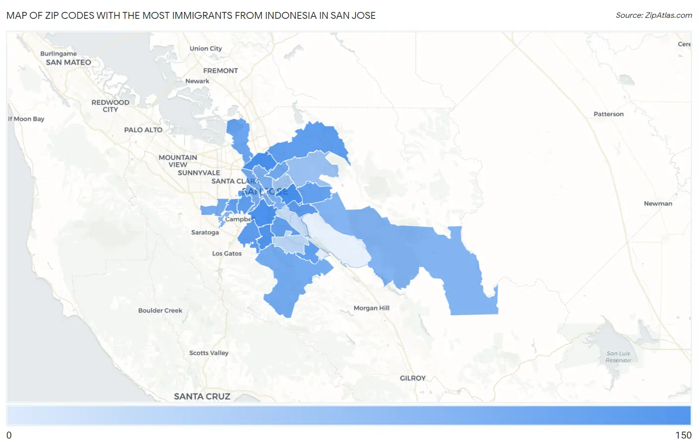 Zip Codes with the Most Immigrants from Indonesia in San Jose Map