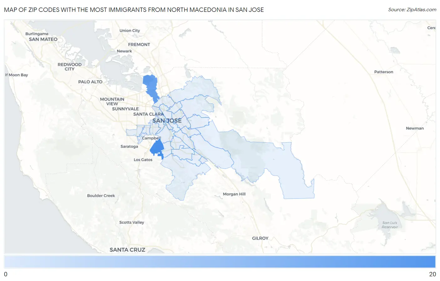 Zip Codes with the Most Immigrants from North Macedonia in San Jose Map