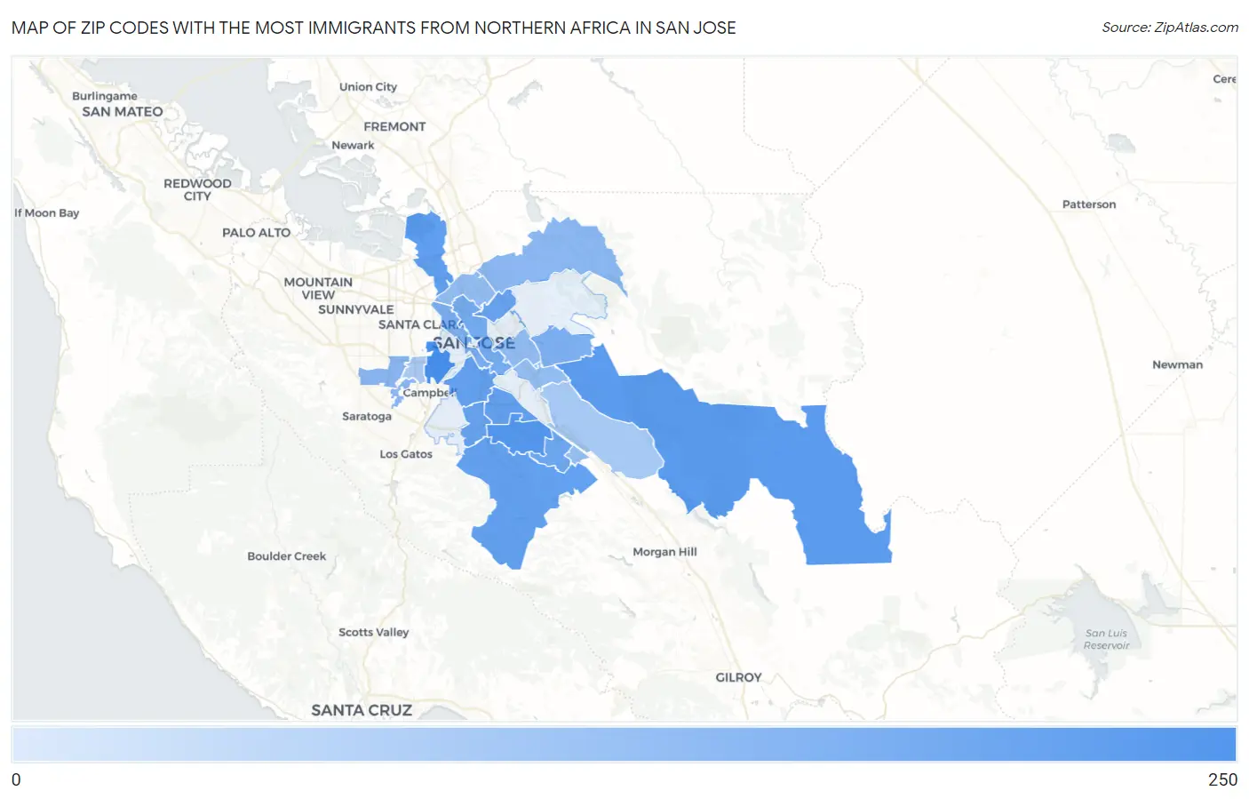 Zip Codes with the Most Immigrants from Northern Africa in San Jose Map