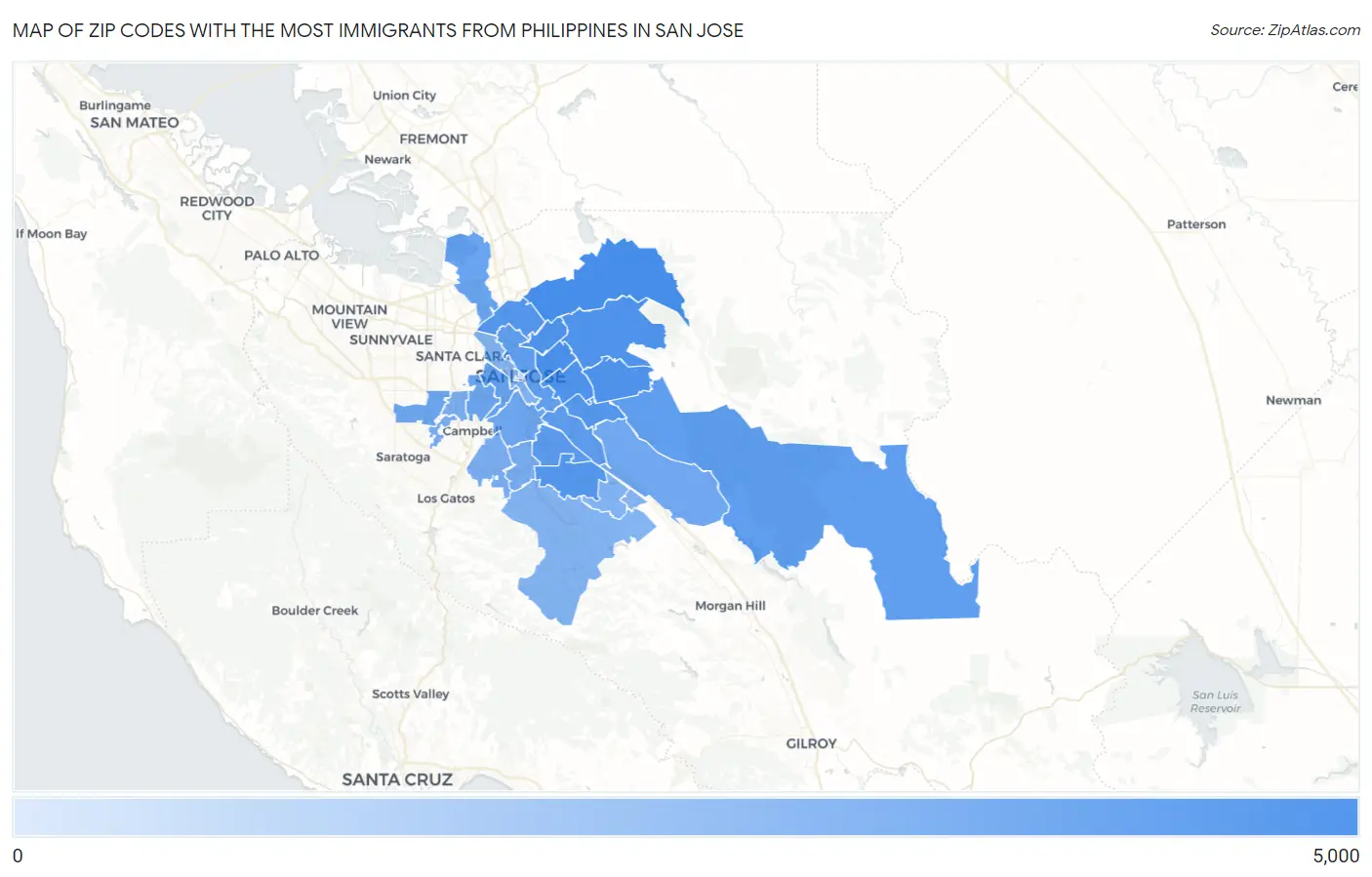 Zip Codes with the Most Immigrants from Philippines in San Jose Map