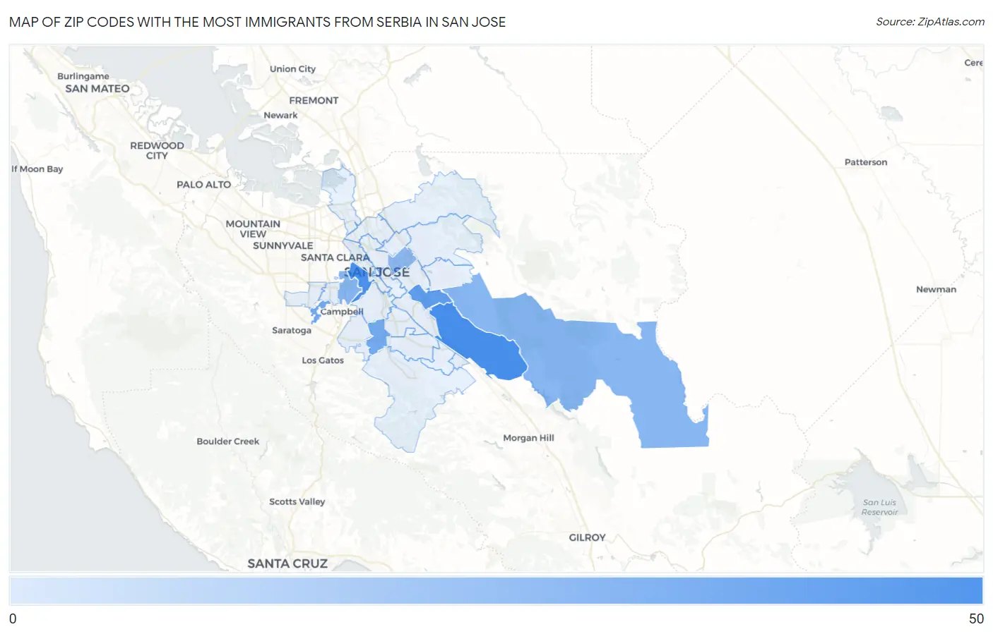 Zip Codes with the Most Immigrants from Serbia in San Jose Map