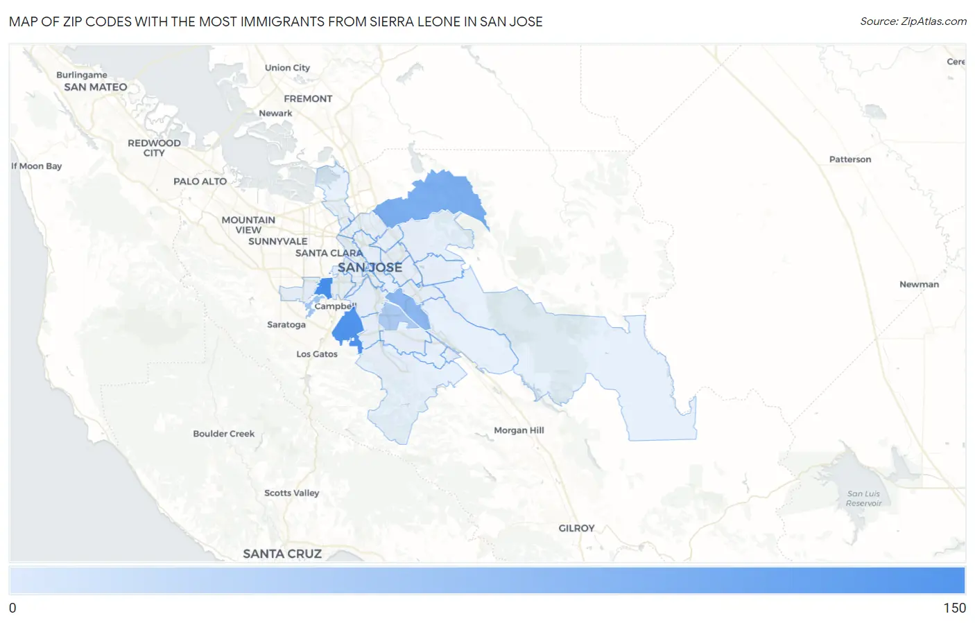 Zip Codes with the Most Immigrants from Sierra Leone in San Jose Map