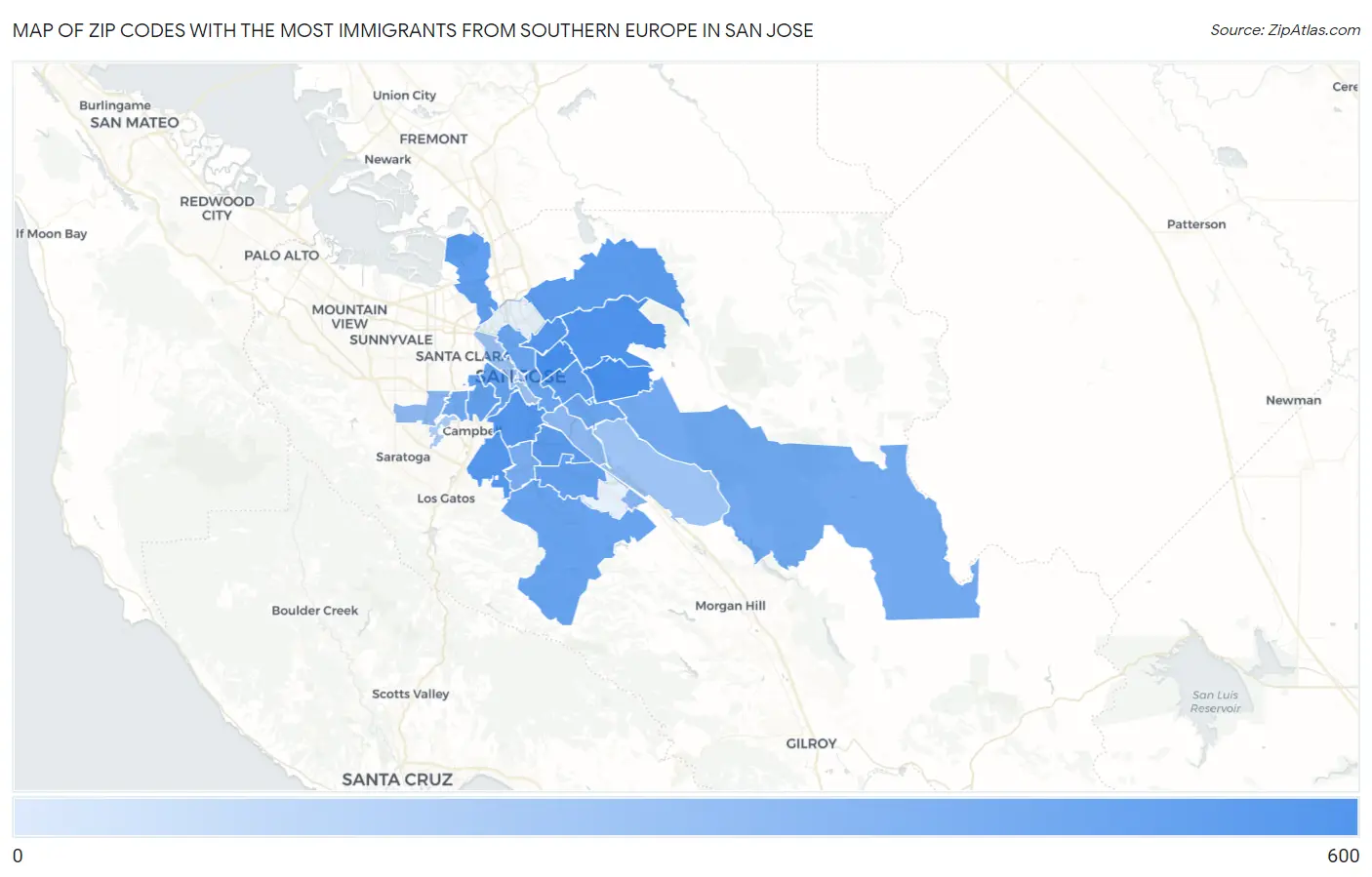 Zip Codes with the Most Immigrants from Southern Europe in San Jose Map