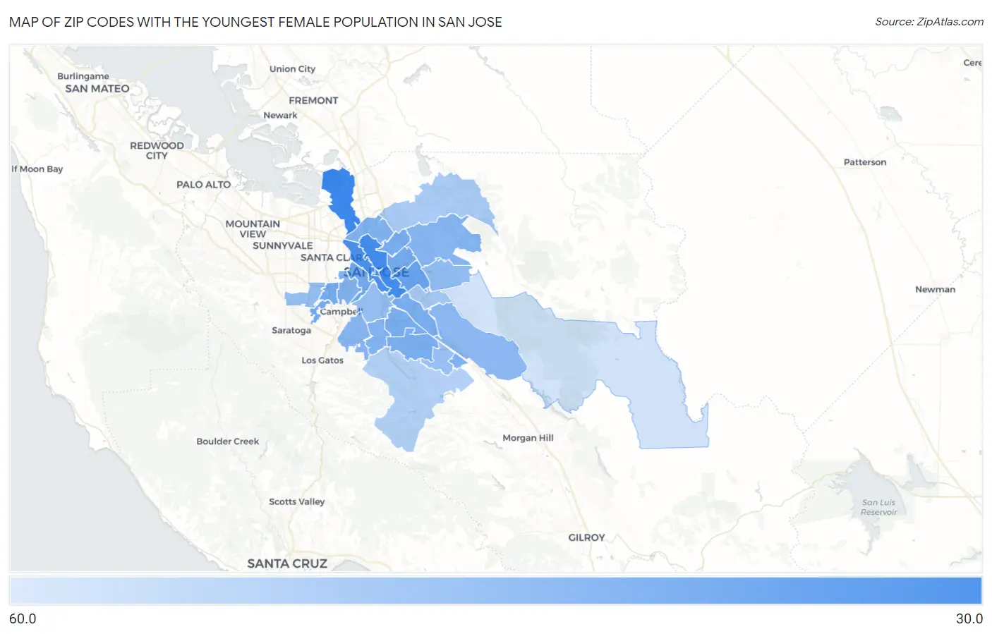 Zip Codes with the Youngest Female Population in San Jose Map