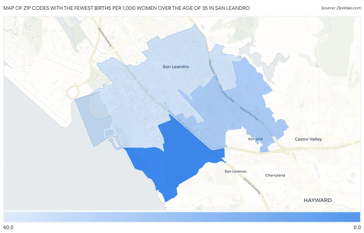 Zip Codes with the Fewest Births per 1,000 Women Over the Age of 35 in San Leandro Map