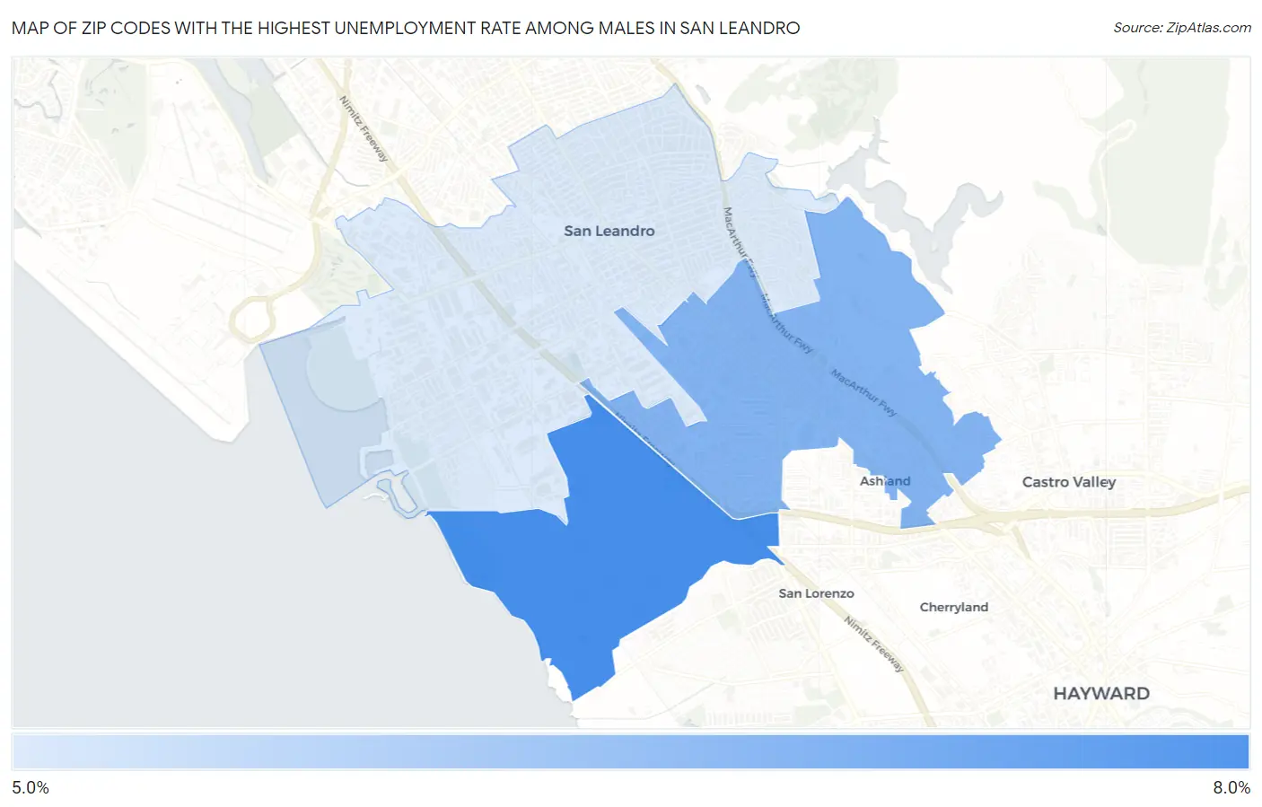 Zip Codes with the Highest Unemployment Rate Among Males in San Leandro Map