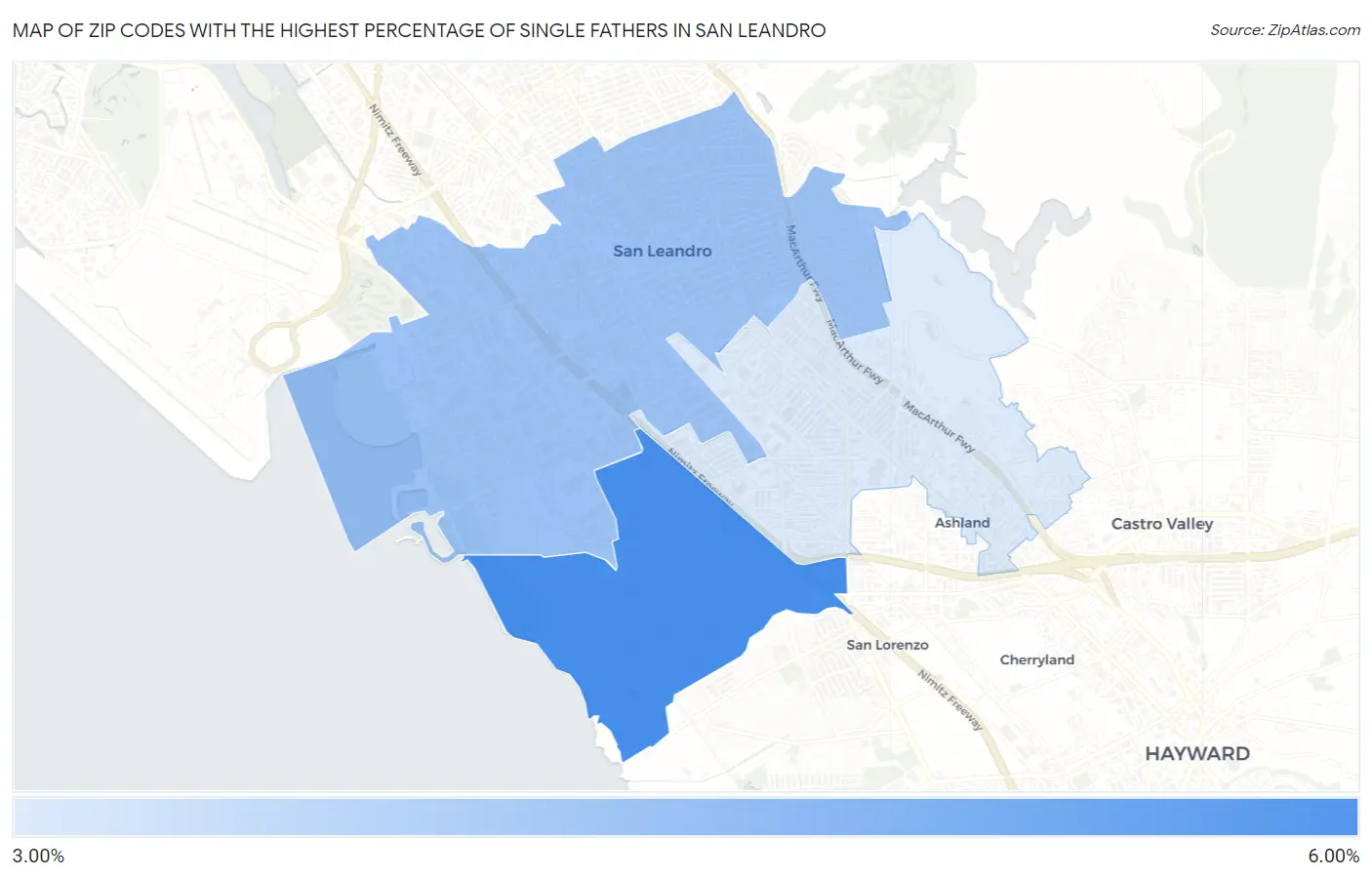 Zip Codes with the Highest Percentage of Single Fathers in San Leandro Map