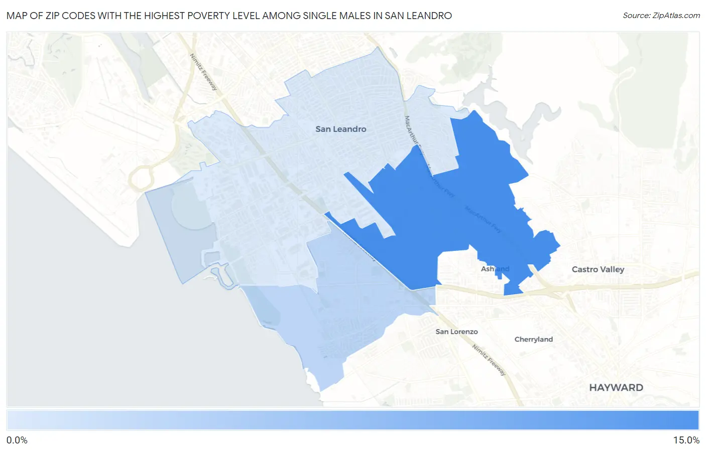 Zip Codes with the Highest Poverty Level Among Single Males in San Leandro Map