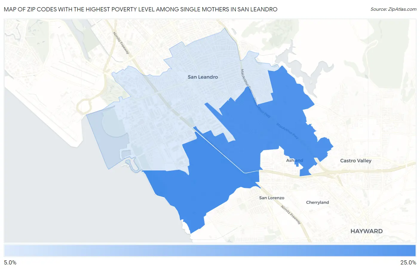Zip Codes with the Highest Poverty Level Among Single Mothers in San Leandro Map